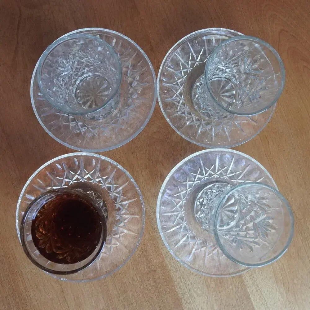 VTG Pressed Glass & Saucer Diamond Point Flared Tumbler Clear MCM Barware 4PK